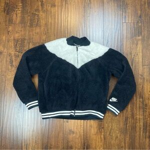 Nike Sportswear Faux Fur Bomber Jacket Women's Large Black White Full Zip Logo.